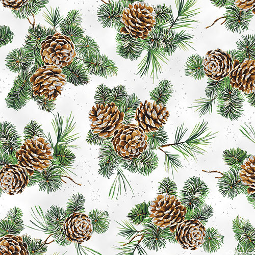 Cozy cottage Pinecones on white/silver Pr dm