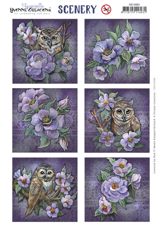 Aquarella owls and flowers square