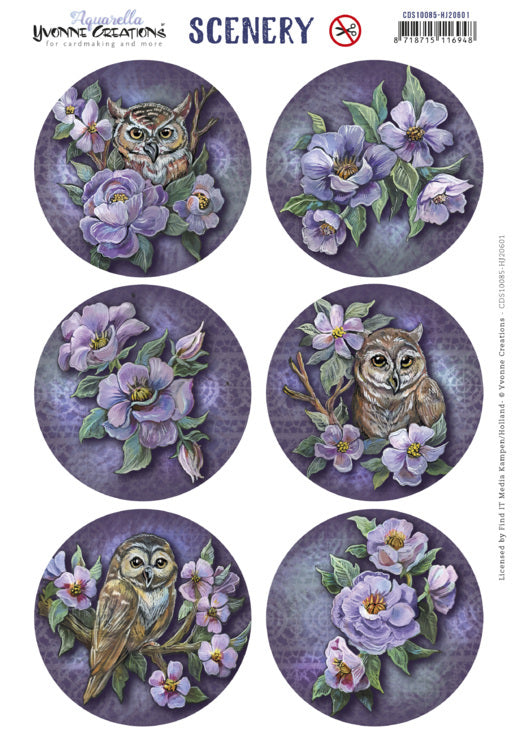 Aquarella Owls and flowers round